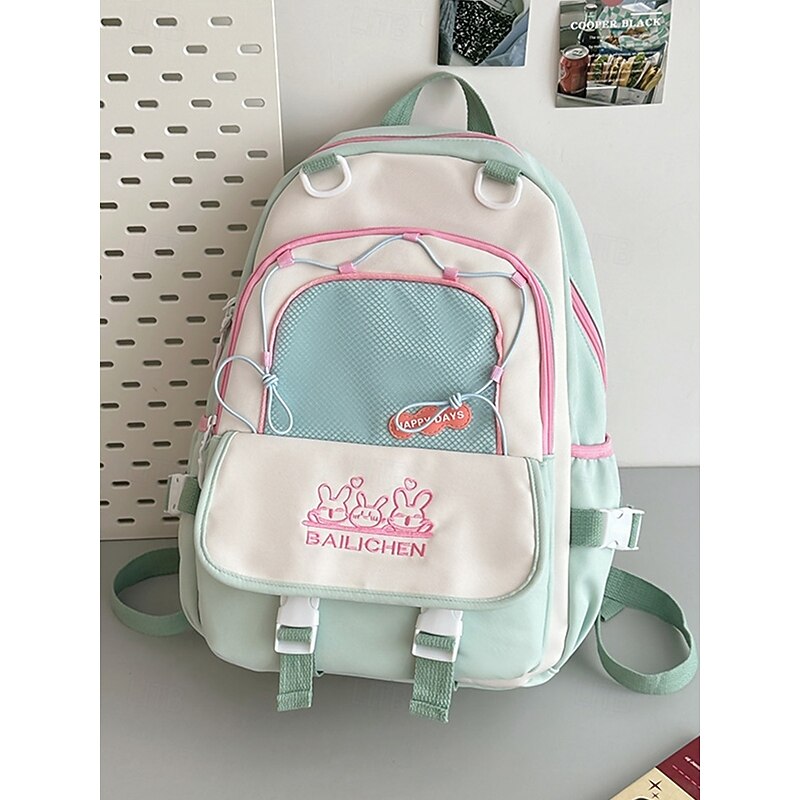 Teen Girl's Large Capacity Travel Backpack with Trolley Strap – Cute Bunny Embroidery, Multi-Pocket School Bag for Middle & High School Students