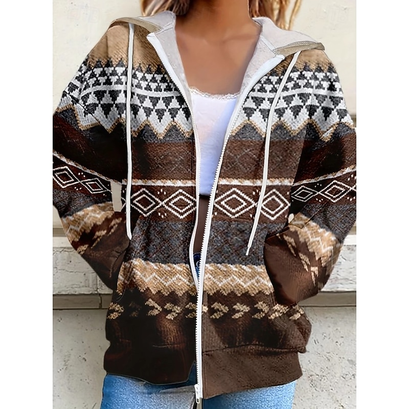 Women's Hooded Sweatshirt Jacket Long Sleeve Zip Up Hoodie With Pocket Lightweight Casual Micro-elastic Oversized Geometric Striped Active Vintage Sports Drawstring Red Blue Purple Brown Green Fall4