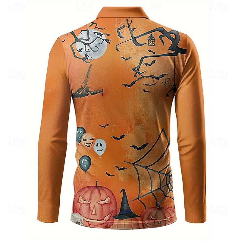 Halloween Men's Pumpkin Ghost Polo Long Sleeve Polo Shirts Lapel Casual Dark Outdoor Athleisure Festival Outfit 3D Print Buttons Spring Fall Winter Orange2