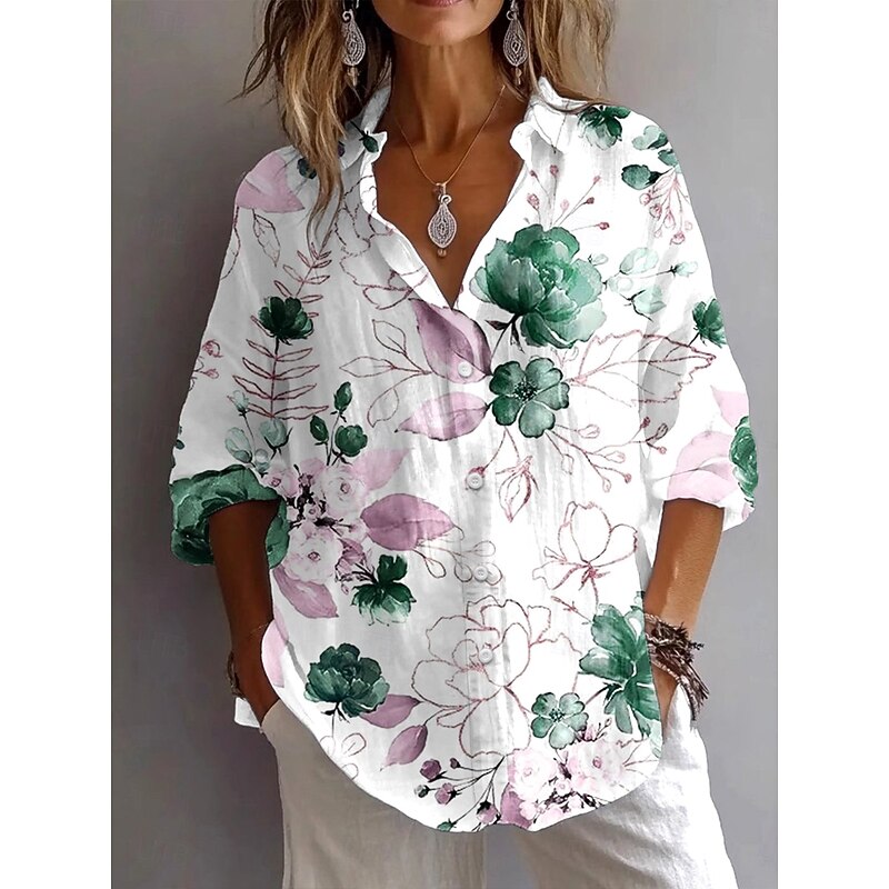 Women's Shirt Button Down Tunic Shirt Collar Long Sleeve Floral Graphic Vintage Tropical Daily Regular Tops Work Daily Holiday s Print Blue Brown Green Spring Fall2