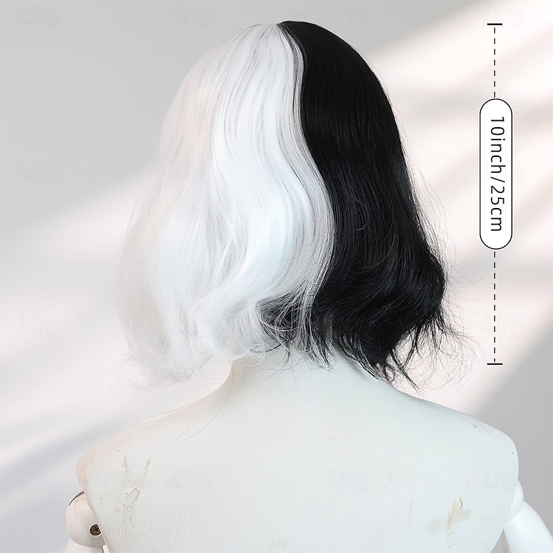 Black & White 10‑Inch Wavy Halloween Wig for Women – Full Bangs, Synthetic Short Hair for Cosplay, Party & Gothic Styles4