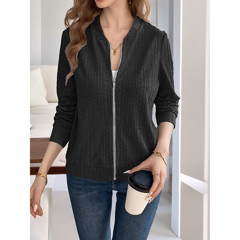 Women's Casual Jacket Comfortable Breathable Full Zip Daily Casual Plain Casual Daily Regular Stand Collar Regular Fit Long Sleeve Outerwear Black Gray Spring Fall3