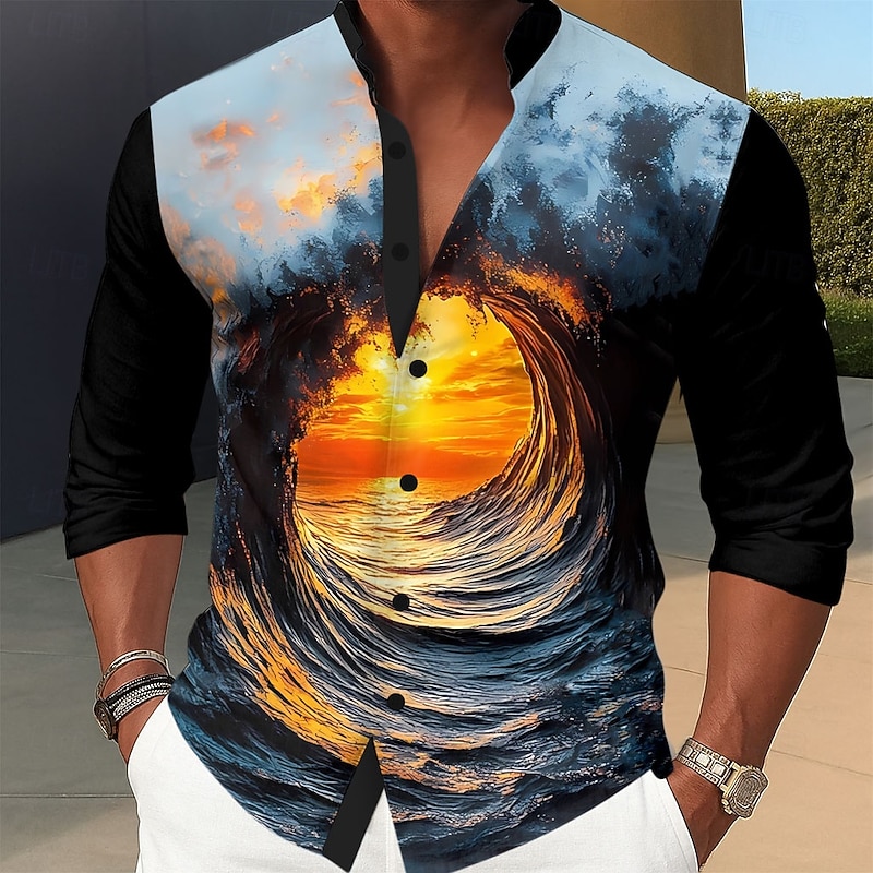 Men's Optical Illusion Ocean Sunset Shirt Summer Hawaiian Shirt Stand Collar Shirt Long Sleeve Hawaiian Vacation Casual Holiday Spring Fall Mandarin Collar Band Collar 3D Print Button Up Shirts Blue