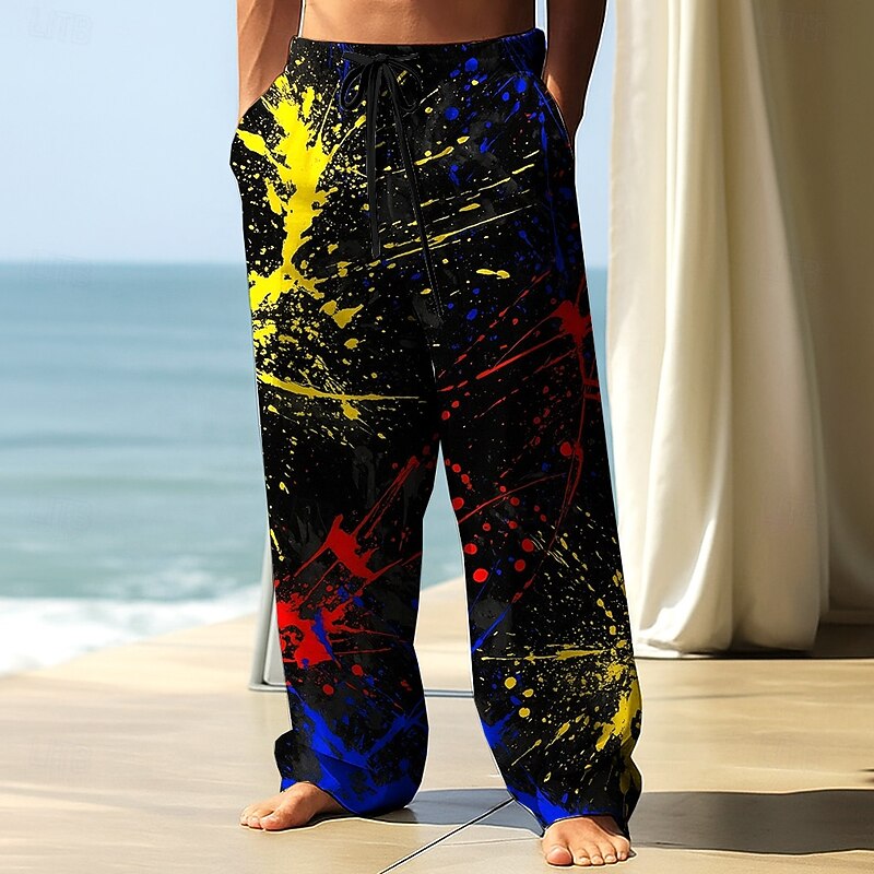 Men's Trousers Baggy Pants Casual Pants Elastic Drawstring Waist Linen-Like Pants with Pockets Ink Painting Full Length Vacation Streetwear Classic Style Black White Inelastic2