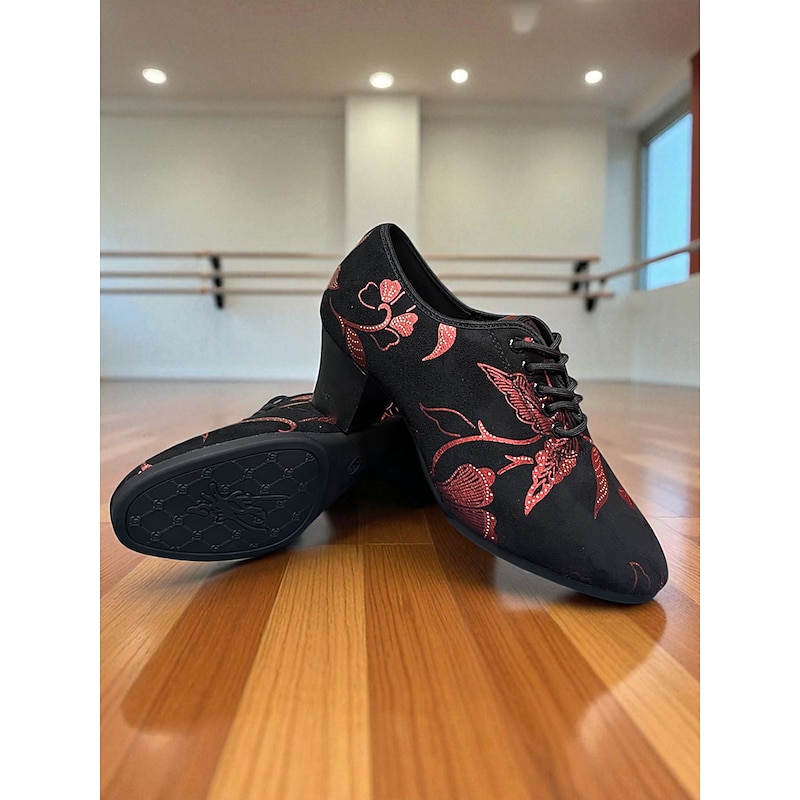 Women's Black and Red Floral Lace-Up Dance Shoes - Chunky Heel Professional Ballroom Practice Shoes for Female Dancers and Latin Training4