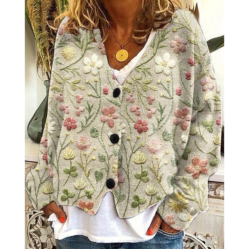 Women's Sweater Cardigan Fashion Streetwear Daily Floral Ribbed Open Front Knitted Print Long Sleeve Long Tops Knit Holiday Going out Weekend Yellow Blue Fall Winter