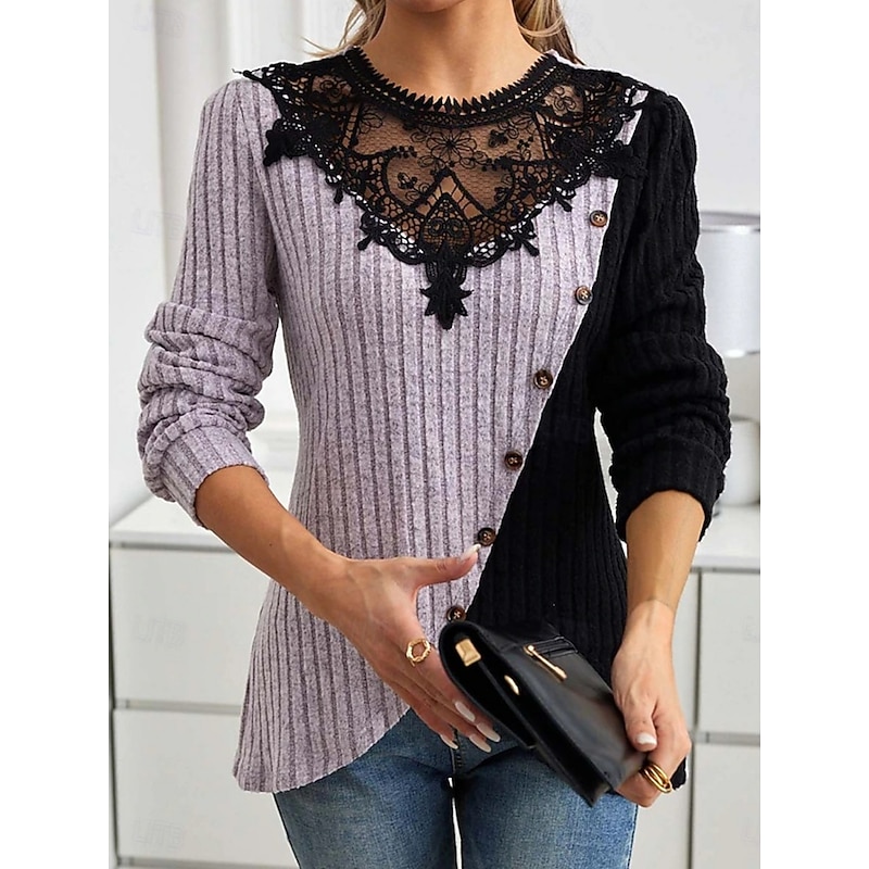 Women's Blouse Solid Color Elegant Stylish Basic Long Sleeve Crew Neck Regular Tops Daily Lace Patchwork Army Green Light Purple Light Grey Spring Fall Winter