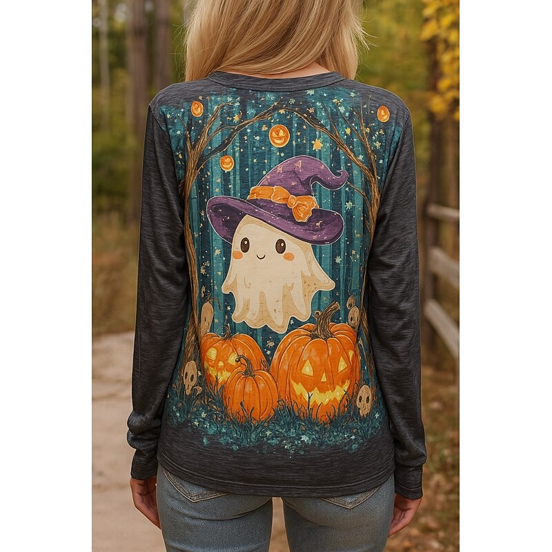 Halloween Women's T shirt Ghost Crew Neck Long Sleeve Tunic Floral Vintage Stylish Classic Round Neck Regular Tops Daily Print Gray Spring Fall2