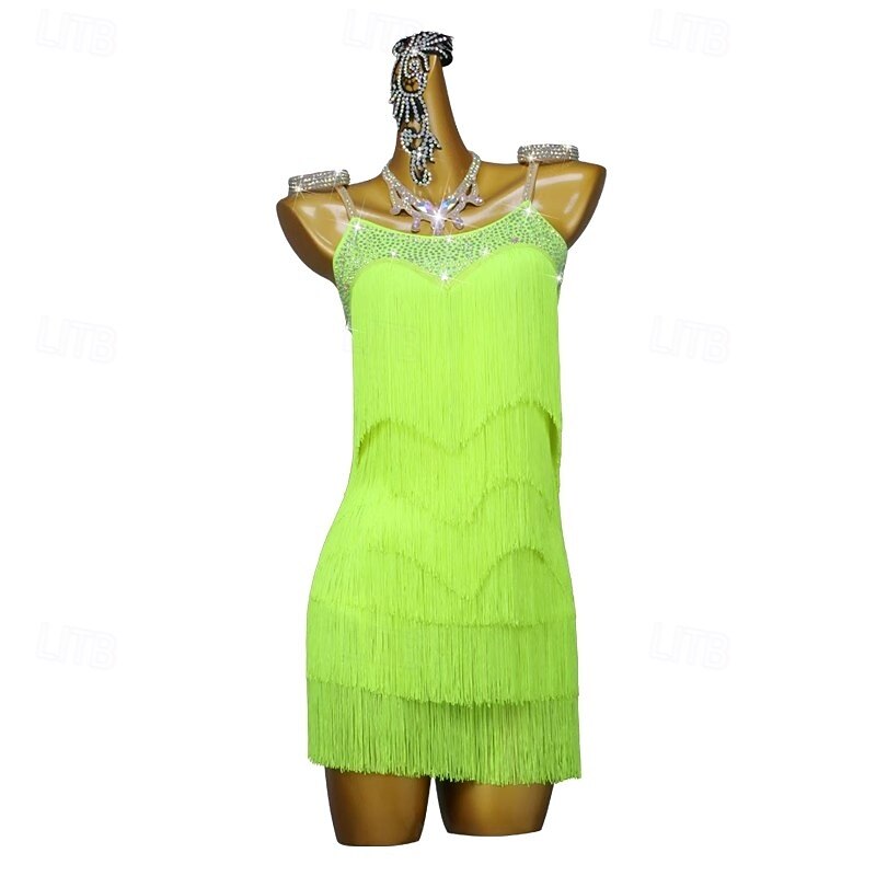 Latin Salsa Dance Dress Rhinestone Tassel Pure Color Women's Performance Rumba Salsa Dancewear Costumes Sleeveless3