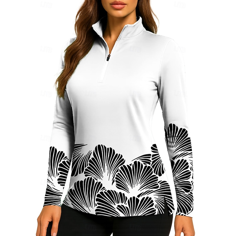 Women's Floral Tops Golf Polo Shirt Tennis Shirt Tennis Tee Long Sleeve Print Quarter Zip Pullover UV Protection Elastic Breathable Volleyball Tennis Golf Stand Collar Zip Collar Shirt Polo Black