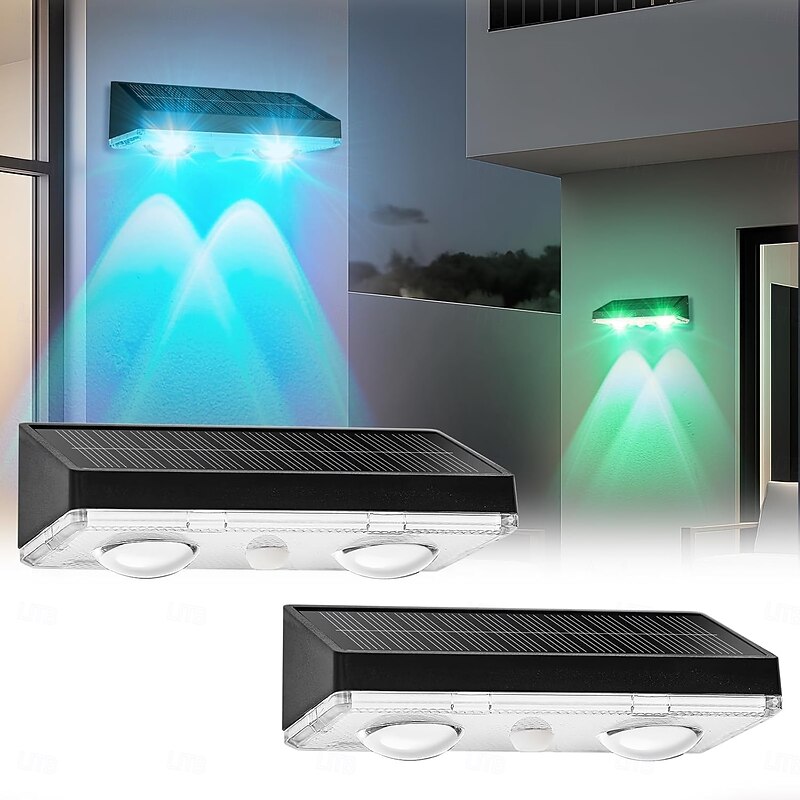Solar Wall Lights Solar Fence Lights Solar Powered Outdoor Waterproof LED Color Changing Solar Powered Deck Light for Backyard Wall Step Patio Railing Pool Porch (3 Modes/RGB Modes)4