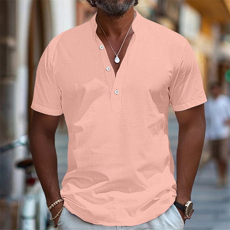Men's Shirt Linen Shirt Band Collar Shirt Popover Shirt Summer Shirt Beach Wear Plain Vacation Streetwear Black White Pink Navy Blue Short Sleeve Henley Summer Clothing Apparel