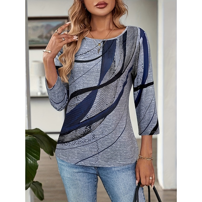 Women's Tee Top Geometric Abstract Casual Boho Long Sleeve Round Neck Regular Tops Going out Weekend Vacation Wear Blue Gold Gray Spring, Fall, Winter, Summer3
