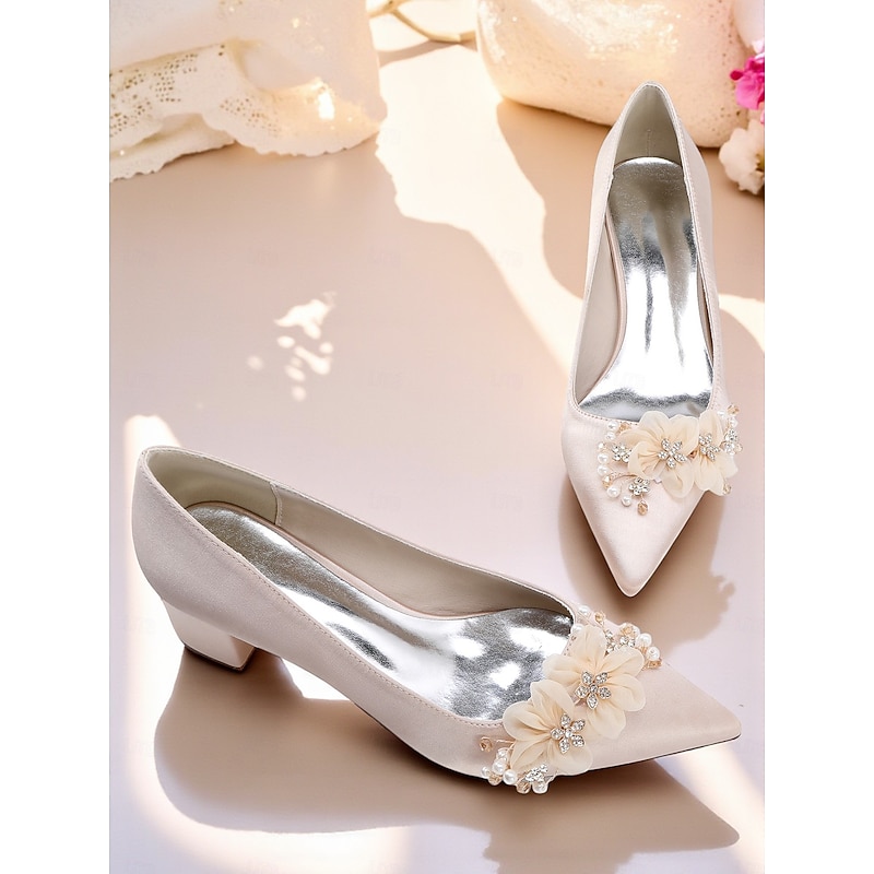 Women's Satin Wedding Shoes - Elegant Pointed Toe Block Heel Pumps with Pearl and Floral Embellishments, Comfortable Formal Bridal and Party Footwear3