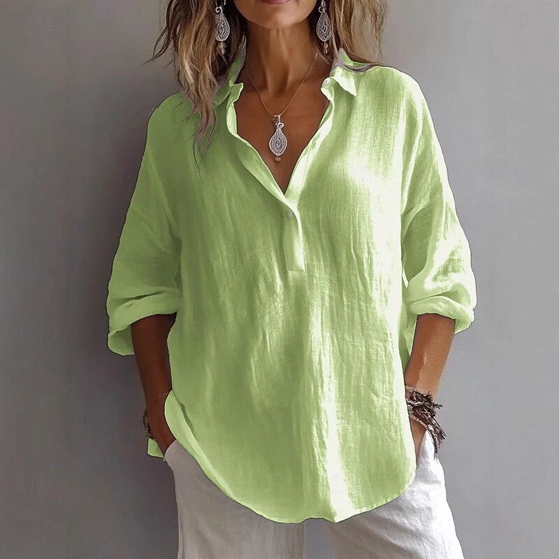 Women's Shirt Linen-Inspired Sets Button Up Cotton Shirt Solid Color Daily Casual Long Sleeve Bishop Sleeve Shirt Collar Regular Tops Daily Patchwork Buttons White Pink Purple Green Spring2
