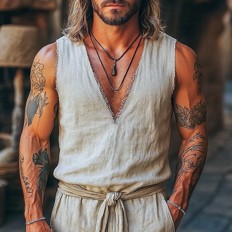 Men's Linen Shirt Tank Top Vest Undershirt Sleeveless V Neck Summer Plain Fashion Bohemian Classic Street Casual Sports Khaki Top Tee for Men