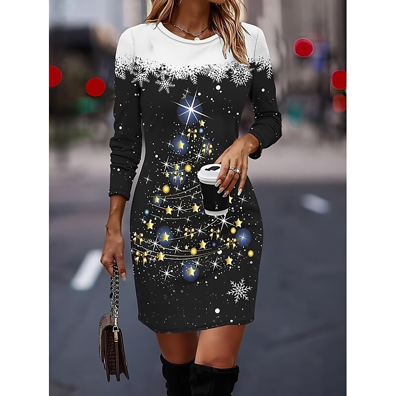 Women's Mini Dress Christmas Dress Fashion Modern Christmas Vacation Party Regular Fit Snowflake Long Sleeve Crew Neck Black Spring Fall