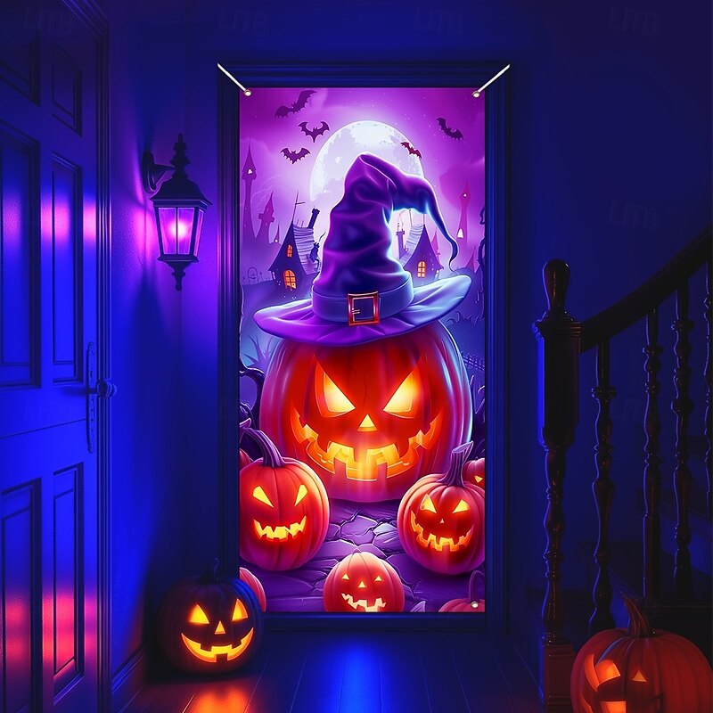 Halloween Door Cover Neon Pumpkin Head Witch Banner, Glowing Blacklight Entrance Decoration for Outdoor & Indoor 2025 Halloween Bedroom, Living Room, Bathroom3