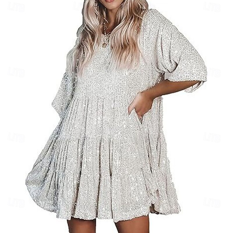 Women's Mini Dress Sequin Dress Cocktail Dress Elegant Dress Fashion Modern Evening Party Cocktail Party Weekend Regular Fit Plain Short Sleeve Crew Neck Silver Black Pink Summer
