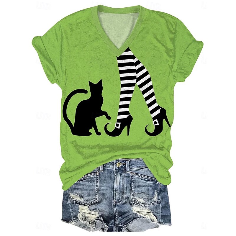 Halloween Women's T shirt Witch Graphic Cat Vintage Stylish Classic Short Sleeve V Neck Regular Tops Daily Print Orange Green Summer Spring Fall