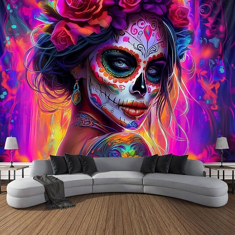 Halloween Blacklight Wall Tapestry – UV Reactive Day of the Dead Woman Skull Face with Flowers, Neon Colors Gothic Horror Theme, Glow in the Dark Wall Hanging for 2025 Halloween Party Decoration2