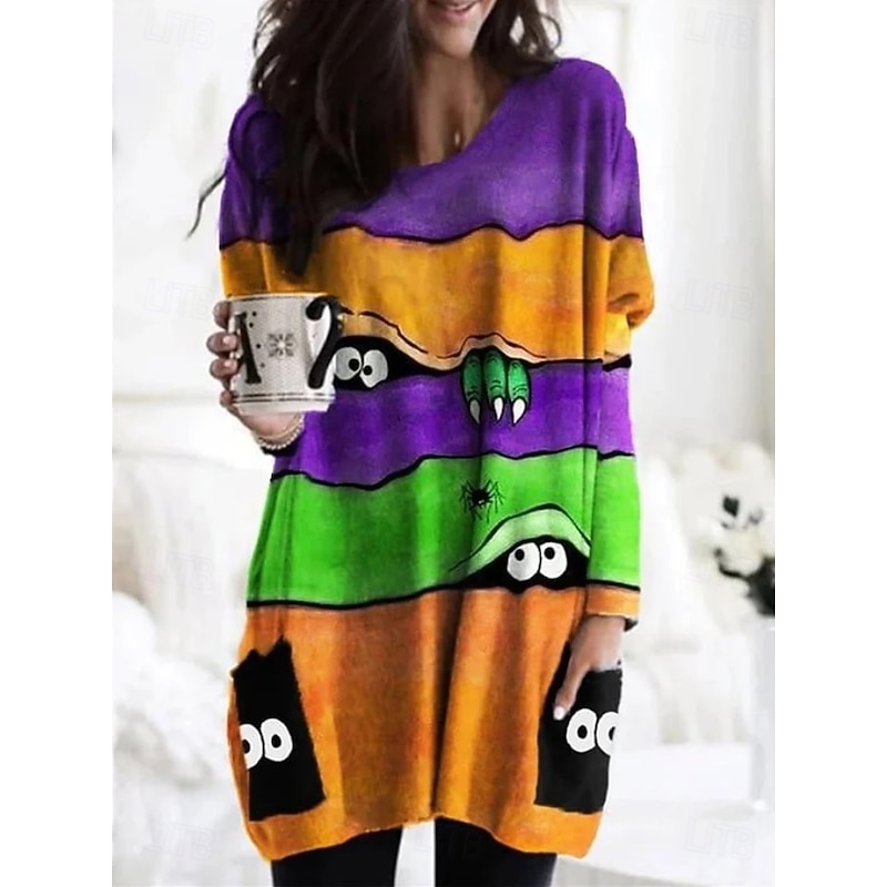 Halloween Women's T shirt Monster Graphic Geometric Fashion Long Sleeve Crew Neck Round Neck Long Tops Daily Going out Weekend Pocket Print Black White Orange Spring Fall
