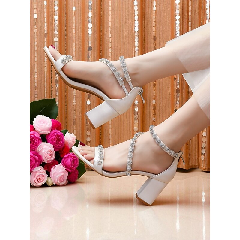Women's White Rhinestone Block Heel Sandals - Elegant Open Toe Ankle Strap Shoes for Cocktail Parties and Formal Events2
