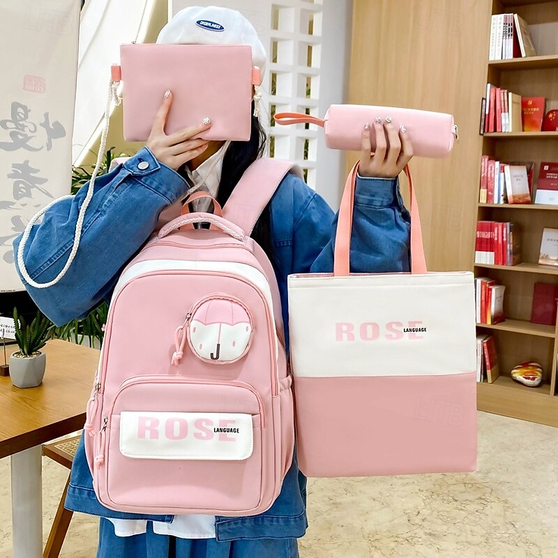 4-Piece Pink School Backpack Set for Girls – Cute Bookbag with Tote Bag, Pencil Case, Pouch & Crossbody for Teen Students2