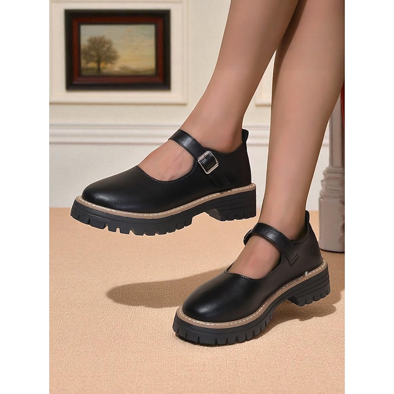 Women's Black Chunky Mary Jane Flats with Buckle Strap - Faux Leather Platform Shoes for Teens and Ladies, Ideal for School, Streetwear, and Autumn Outfits2