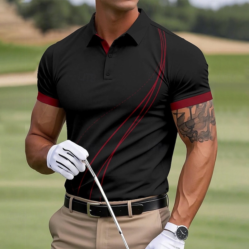 Men's Golf Line Polo Sports Polo Shirts Short Sleeve Polo Shirts Collared Shirts Sportswear Casual Outdoor Athleisure Buttons Summer Black Yellow Red4