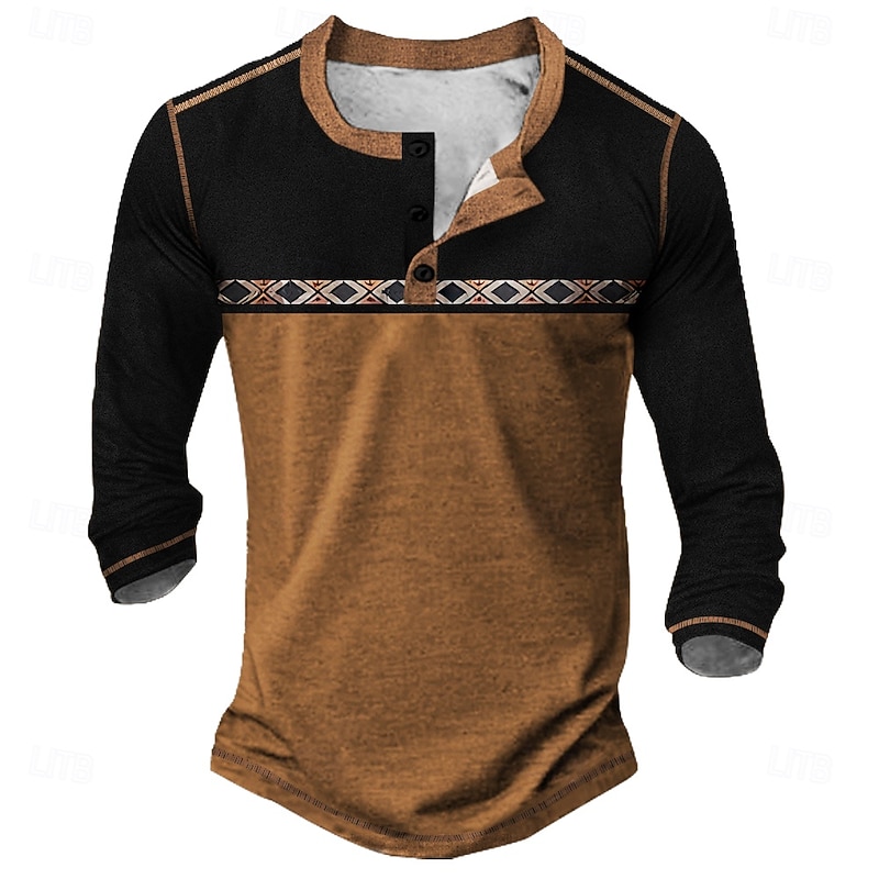 Men's Geometric Retro Ethnic Henley Shirt Tee Long Sleeve Vintage Fashion Designer Outdoor Casual Daily Spring &  Fall Dark Brown Lake blue Black Henley Henley T-Shirt2