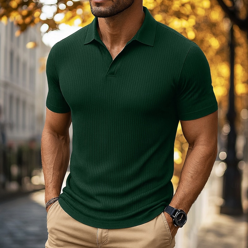 Men's Golf Shirt Casual Sports Lapel Ribbed Polo Collar Short Sleeve Fashion Basic Plain Vertical Stripes Classic Summer Spring All Seasons Regular Fit Wine Black Green Navy Blue Golf Shirt4