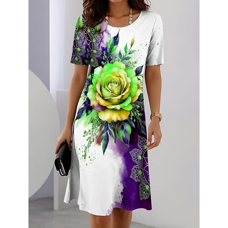 Women's Elegant Party Evening Midi Dress Crew Neck Short Sleeve Shift Dress Summer Dress Casual Daily Regular Fit Floral Graphic Blue Purple Green Summer Spring3