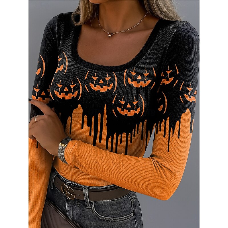 Halloween Women's T Shirt Skulls Ribbed Graphic Square Neck Long Sleeve Casual Letter Vintage Stylish Classic Regular Tops Daily Print Maroon Black Purple Orange Brown Spring Fall4