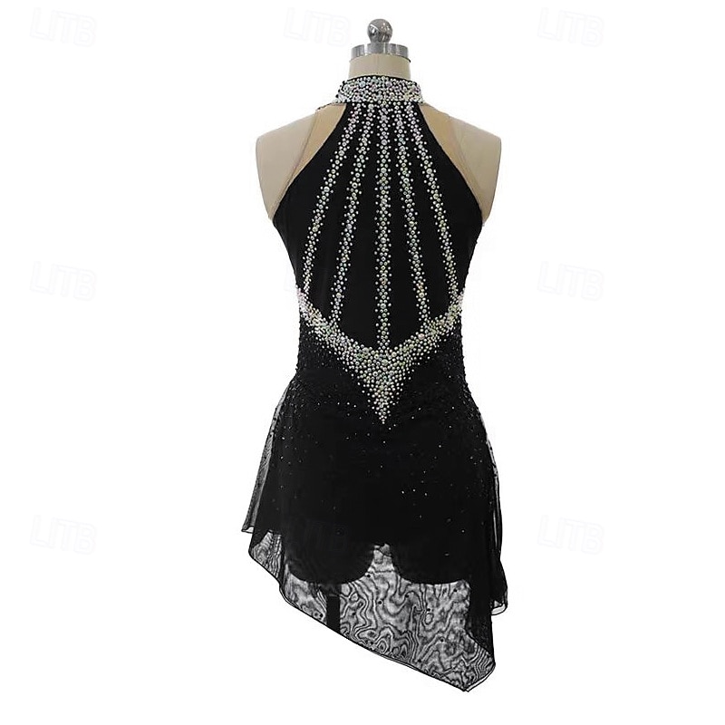Figure Skating Dress Women's Girls' Ice Skating Dress Black Patchwork Open Back Mesh Spandex Stretchy Training Practice Professional Skating Wear Thermal Warm Crystal / Rhinestone Sleeveless Ice3