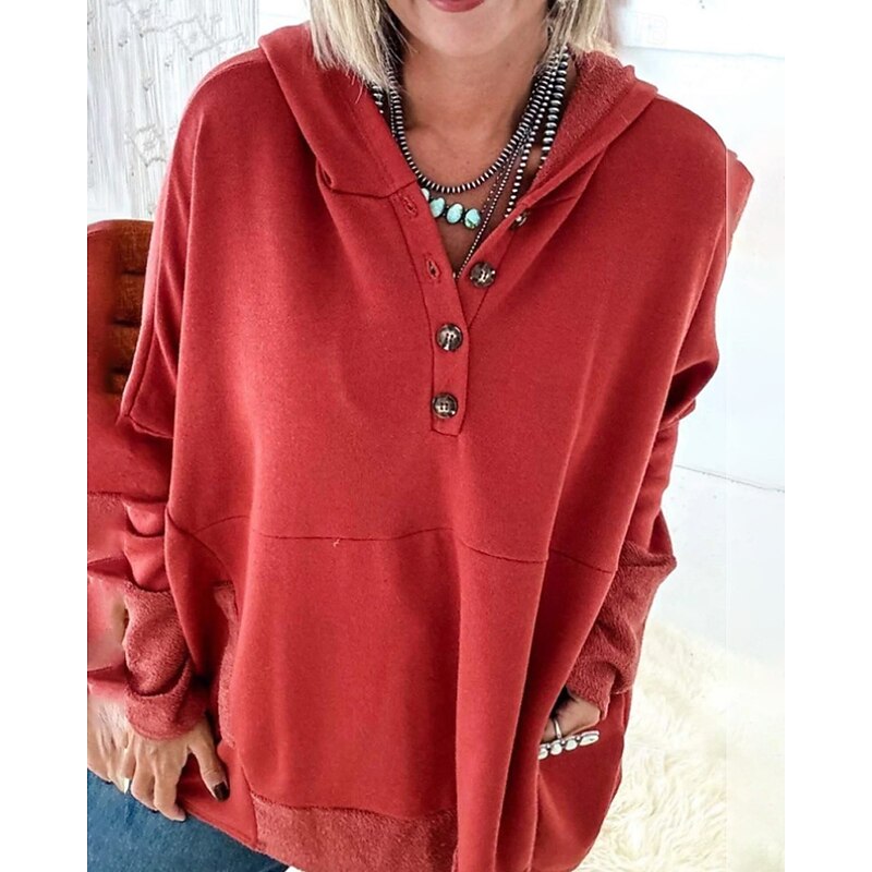 Women's Pullover Hoodie Sweatshirt Plain Streetwear Casual Long Sleeve Hooded Regular Tops Street Holiday Buttons Red Light Grey Dark Gray Fall Winter4