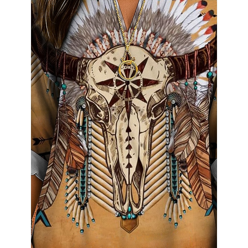 Women's Blouse Tunic V Neck Long Sleeve Boho Casual Tops Graphic Geometric Skull Bohemia Vintage Tropical Regular Tops Daily Wear Print Yellow Red Blue Purple Green3