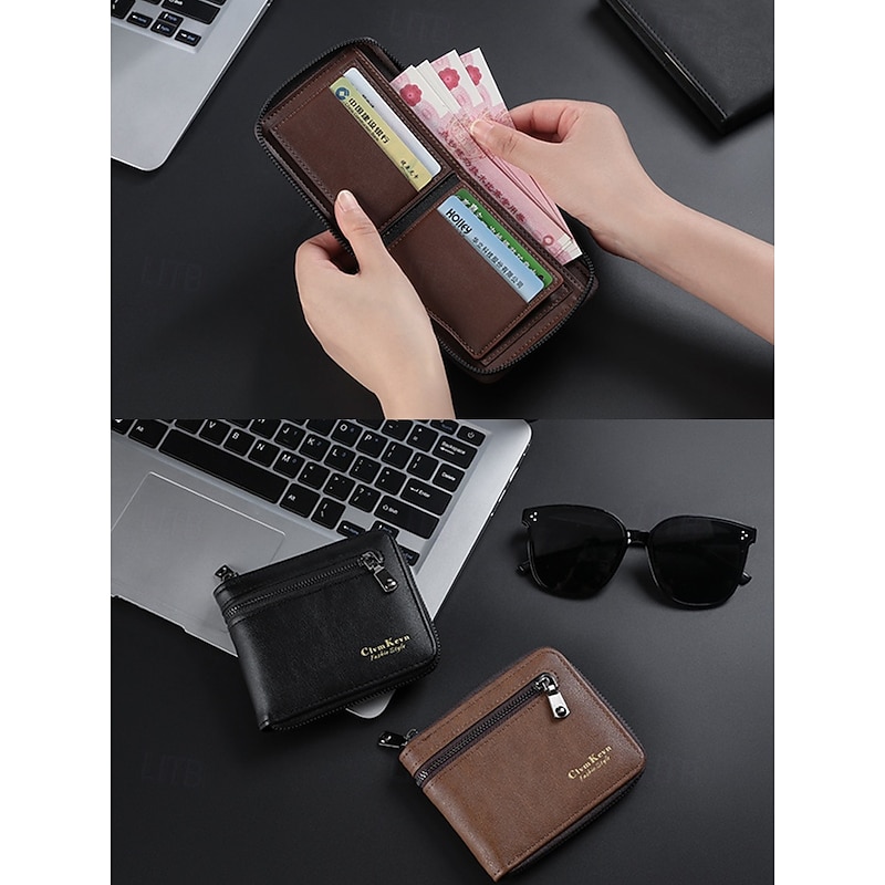 Men's Faux Leather Zip Wallet – Slim Bifold Design with Multiple Card Slots and Coin Pocket, Stylish and Durable Purse for Business, Travel and Everyday Use2