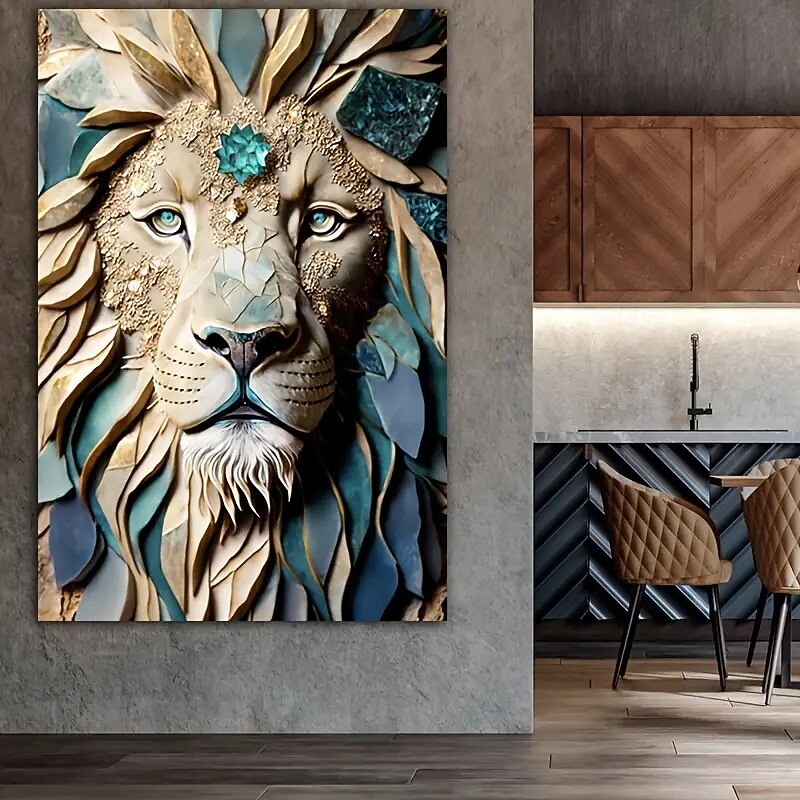 1 Piece Of Majestic Lion Head Kintsugi Canvas Art Frameless Modern Abstract Wall Decoration Blue And Gold Leaf Design Suitable For Living Room And Bedroom4