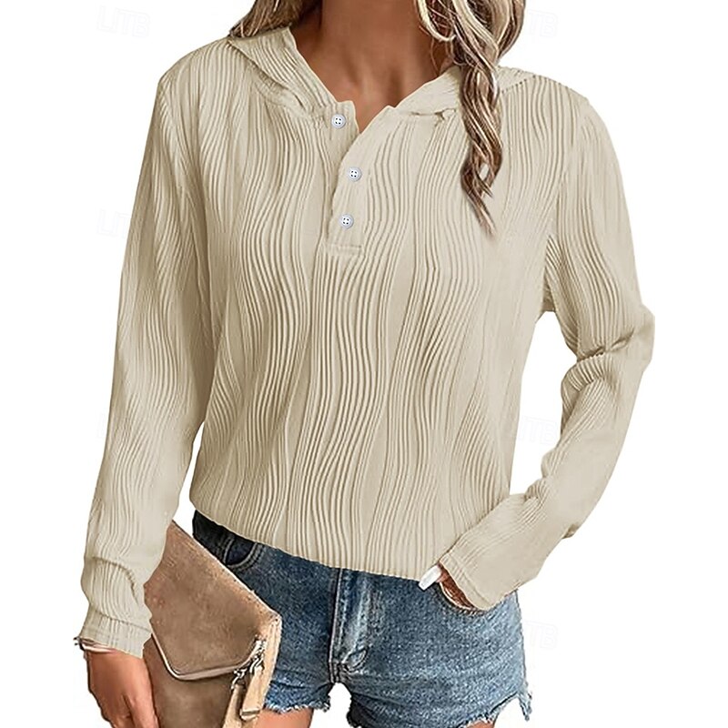 Women's Texture Sweatshirt Pullover Hoodie Sweatshirt Plain Streetwear Casual Comfy Long Sleeve Hooded Regular Tops Street Holiday Going out Buttons White Pink Beige Fall2