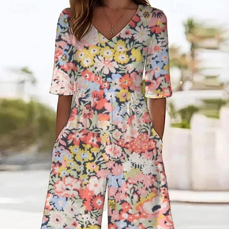 Women's Normal Jumpsuit Streetwear Floral Short Sleeve Wide Leg V Neck Pocket Print Street Daily Regular Fit Pink Summer2