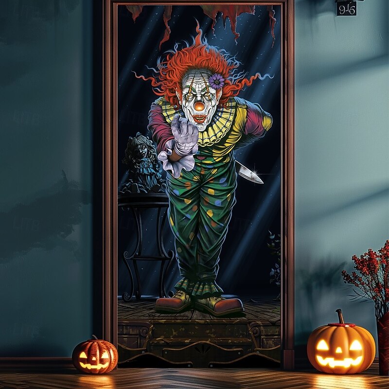 Halloween Door Covers Surprise Clown by Vincent Hie Door Tapestry Door Curtain Decoration Backdrop Door Banner for Front Door Farmhouse Holiday Party Indoor Outdoor Decor Supplies