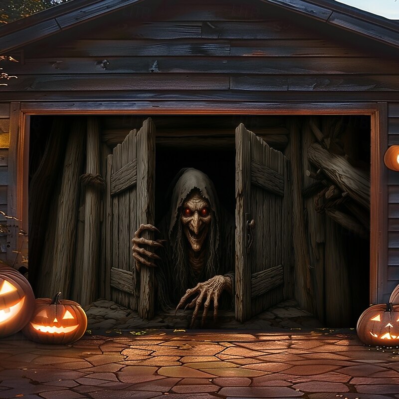 Halloween Garage Door Cover – Creepy Figure Behind Wooden Doors, Spooky Outdoor Decoration for 2025 Halloween Home Front Yard