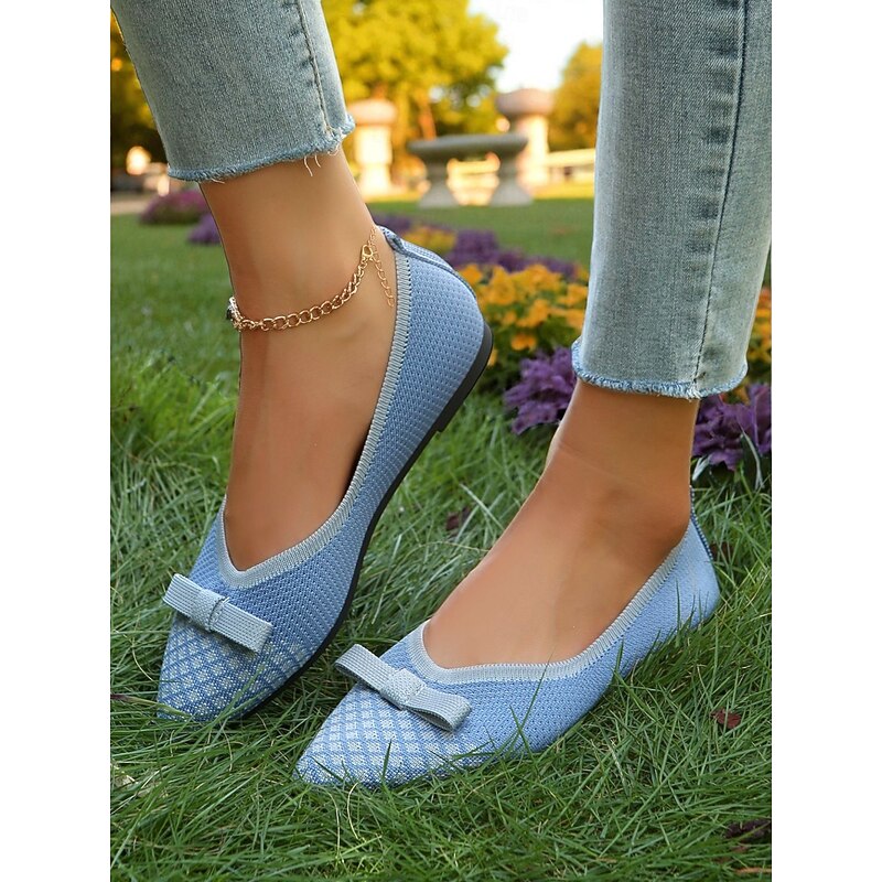 Women's Light Blue Flyknit Pointed Toe Flats with Bow - Breathable Casual Ballet Shoes for Ladies and Teens, Ideal for Spring, Garden Walks, and Daily Wear2