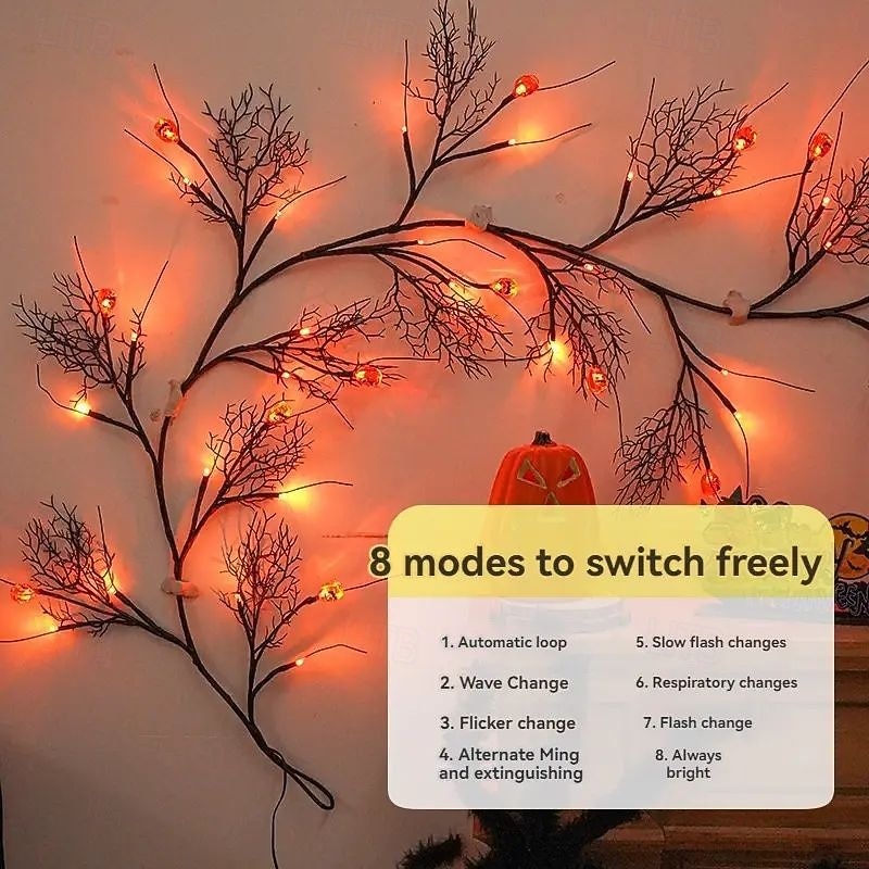 LED Halloween Pumpkin Lights Rattan Lights 1.8m 54leds Battery Powered 8 Modes Lighting Halloween Party Decoration Home Balcony Window Scene Decorations4