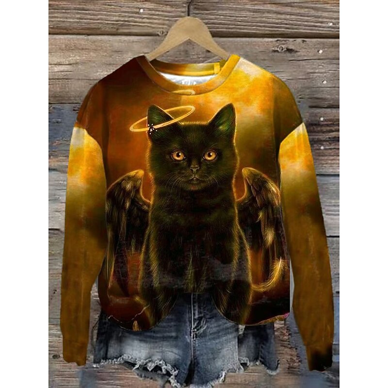 Halloween Women's Pullover Sweatshirt Black Cat Graphic Cat Fashion Casual Long Sleeve Crew Neck Regular Tops Street Dailywear Casual Print Yellow Green Fall Winter2