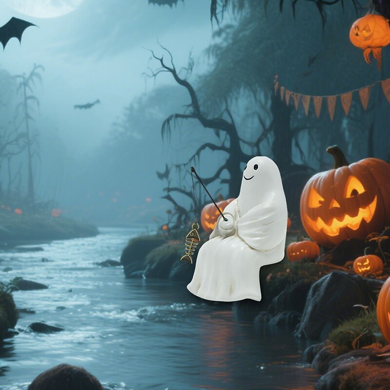 Halloween Resin Fishing Cute Ghost Decoration Figurine, Spooky Outdoor Yard Planter Balcony Pond Pavilion Decoration, Halloween Garden Ornament2