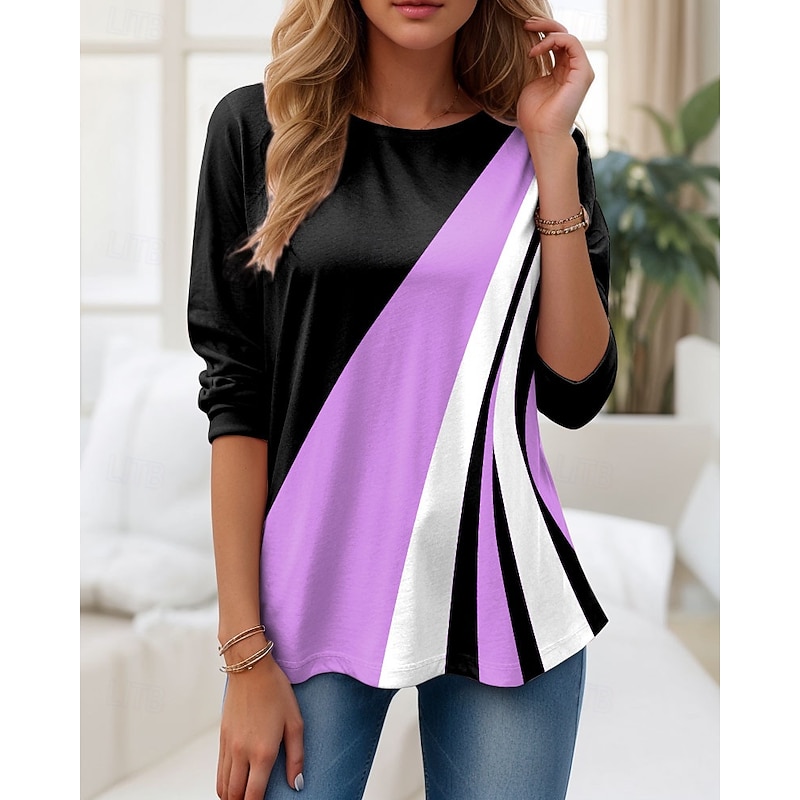 Women's T shirt Long Sleeve Crew Neck Long Sleeve Tunic Graphic Geometric Color Block Vintage Stylish Classic Round Neck Regular Tops Daily Print Pink Blue Purple Green Gray Fall Prefall3