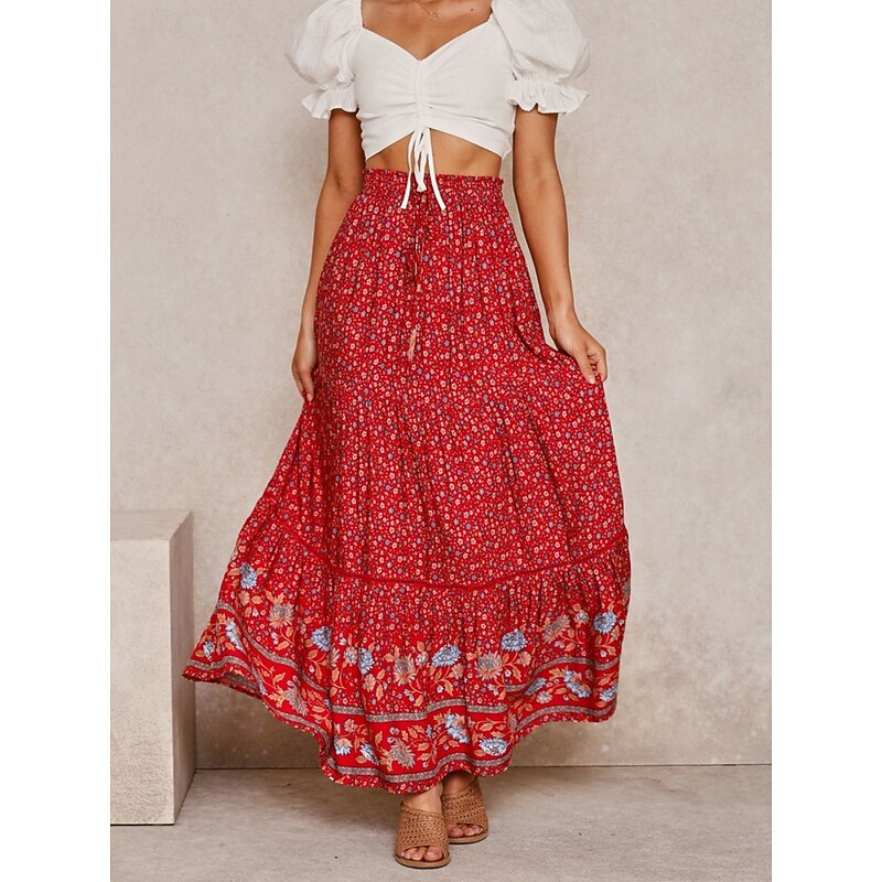 Women's Skirt A Line Bohemia Casual Maxi High Waist Skirts Floral Print Micro-elastic Street Daily Red Apricot Summer Polyester Rayon2