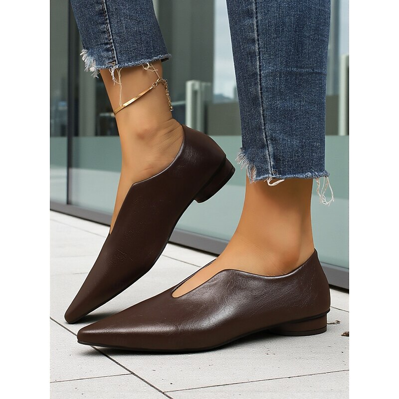 Women's Brown Faux Leather Pointed Toe Flats – Minimalist V-Cut Slip-On Loafers, Elegant Business Casual and Everyday Office Wear